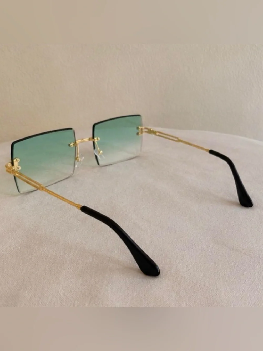 Men Green Gradient Rimless Rectangle Gold Frame Sunglasses UV400